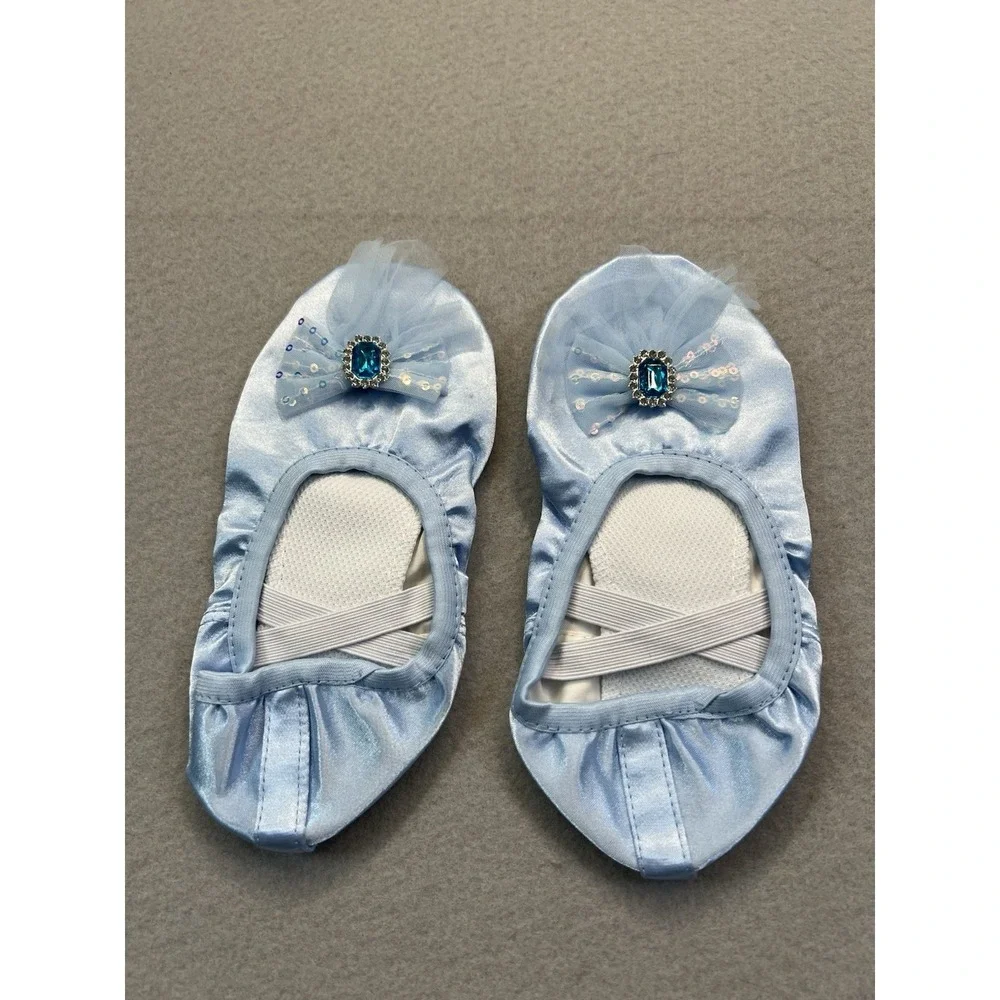 Girls Size‎ 34 9-10 Years Ballet Dance Slippers Split Soft Canvas Sole Bow Blue